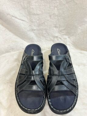 Clarks Black Leather Interwoven Comfort Slide Sandals Sz 11